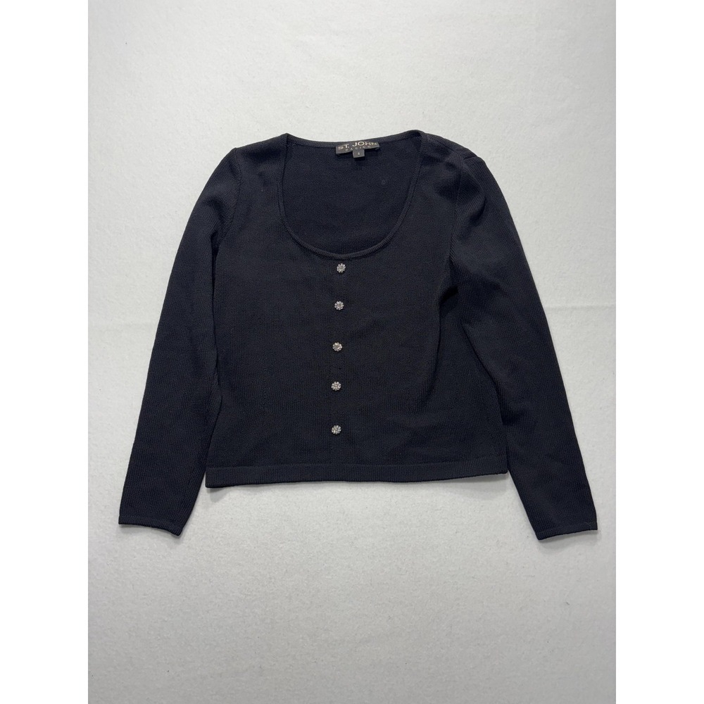 St. John Sweater Womens 4 Black Scoop Neck Rhinestone Button Long Sleeve Knit